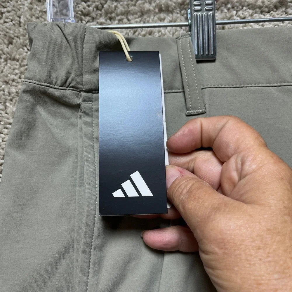Adidas Nylon Chino Pants Mens 32x32 Olive Green Flat Front Golf 3 Stripes NEW